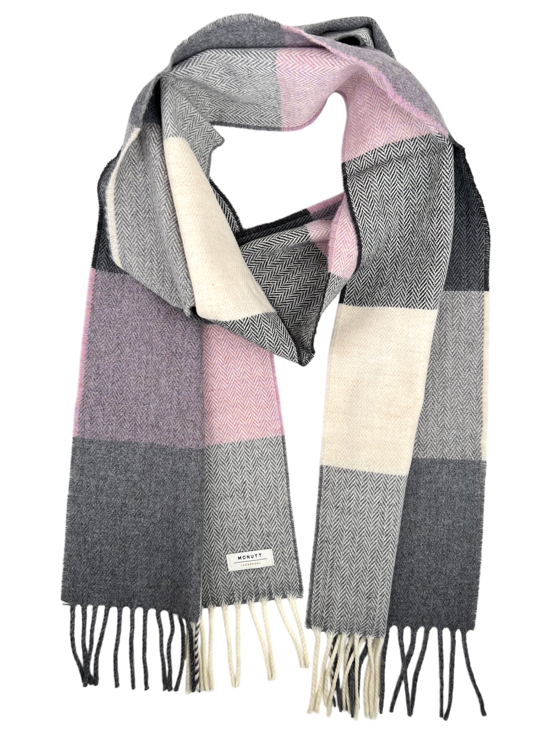 Plaid scarf with gray, pink, and beige colors on a white background