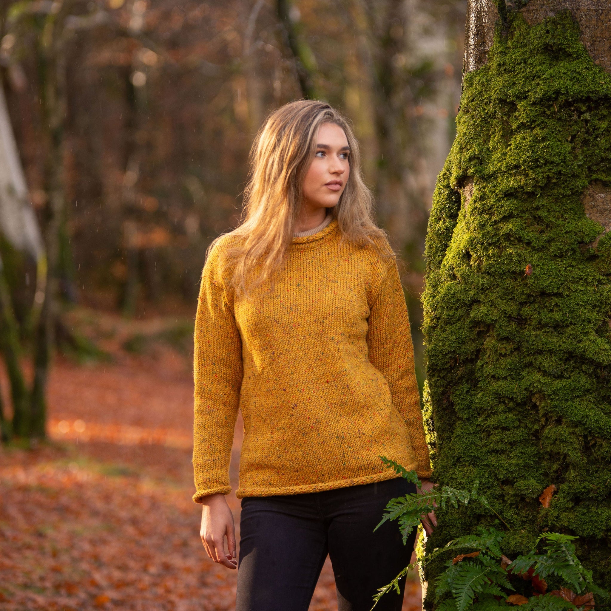 Ladies golden yellow roll neck sweater made from Donegal tweed wool
